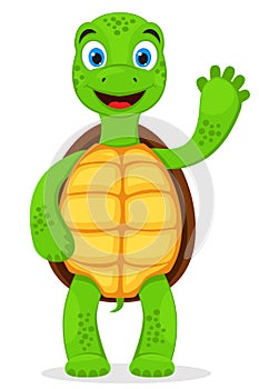 Turtle stands on its hind legs and waves affably. Character on a white background