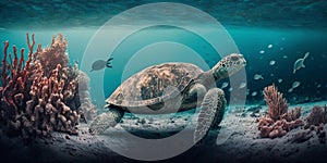 Turtle submerged underwater with broken coral reef in the background - Generative AI