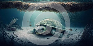 Turtle submerged underwater with broken coral reef in the background - Generative AI