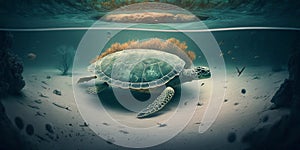 Turtle submerged underwater with broken coral reef in the background - Generative AI