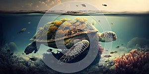 Turtle submerged underwater with broken coral reef in the background - Generative AI