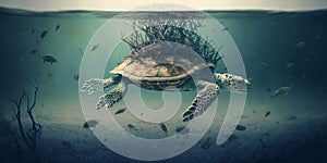 Turtle submerged underwater with broken coral reef in the background - Generative AI