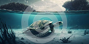 Turtle submerged underwater with broken coral reef in the background - Generative AI