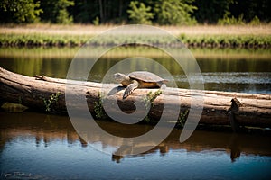 A turtle sunning on a log in a pond