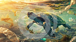 The Turtle and Ocean Pollution. AI generated photo