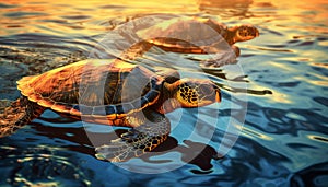 Turtle swimming in blue water, slow and beautiful underwater creature generated by AI