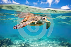a turtle swimming through clear, blue ocean water
