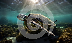 a turtle swimming in the ocean with sunbeams above it\'s head and under th