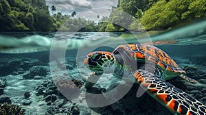 A turtle swimming in a tropical ocean with coral and other sea life, AI