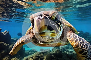 a turtle swimming underwater with corals and rocks