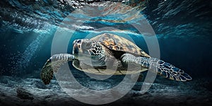 The turtle is swimming in underwater of the sea with AI generated.