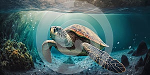 The turtle is swimming in underwater of the sea with AI generated.