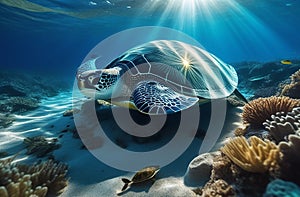 A turtle swims near a reef
