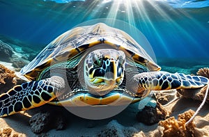 A turtle swims near a reef