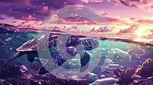 Turtle amidst ocean pollution.AI generated image