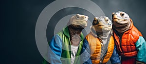Turtle tortoise in a group, vibrant bright fashionable outfits isolated on solid background advertisement