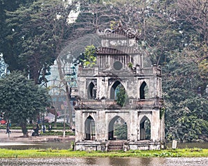 Turtle Tower in the center of Hoan Kiem Lake Lake of the Returned Sword
