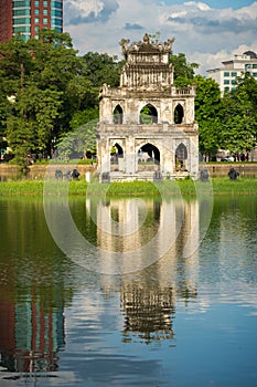 Turtle Tower Thap Rua in Hoan Kiem lake Sword lake, Ho Guom in Hanoi, Vietnam.