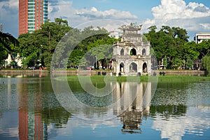 Turtle Tower Thap Rua in Hoan Kiem lake Sword lake, Ho Guom in Hanoi, Vietnam.