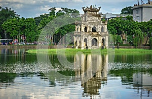 Turtle Tower Thap Rua in Hoan Kiem lake Sword lake, Ho Guom in Hanoi, Vietnam.