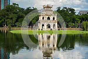 Turtle Tower Thap Rua in Hoan Kiem lake Sword lake, Ho Guom in Hanoi, Vietnam.