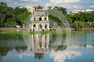 Turtle Tower Thap Rua in Hoan Kiem lake Sword lake, Ho Guom in Hanoi, Vietnam.