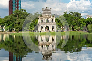 Turtle Tower Thap Rua in Hoan Kiem lake Sword lake, Ho Guom in Hanoi, Vietnam.