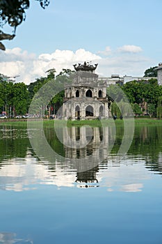 Turtle Tower Thap Rua in Hoan Kiem lake Sword lake, Ho Guom in Hanoi, Vietnam.