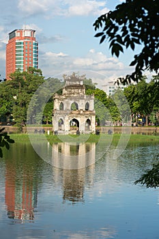 Turtle Tower Thap Rua in Hoan Kiem lake Sword lake, Ho Guom in Hanoi, Vietnam