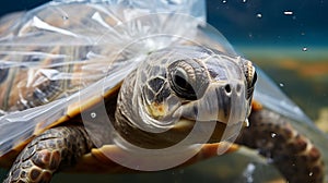 Turtle trapped in a plastic bag