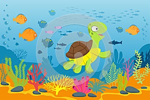 Turtle in underwater scene. Tortoise, seaweeds and fishes in ocean bottom. Cartoon marine vector background