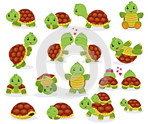 Turtle vector cartoon seaturtle character swimming in sea and sleeping tortoise in tortoise-shell illustration set of