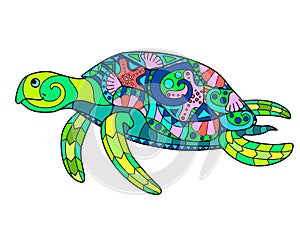 Turtle - vector linear full color illustration. Ocean animal - colorful sea turtle with patterns. Template for stained glass, bati