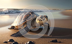 Turtle waling along the shoreline in the beach at sunset