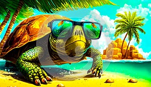 Turtle wearing sunglasses on beach with palm tree in the background. Generative AI