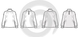 Turtleneck blouse technical fashion illustration with long sleeves, flouncy ruffled cuffs, oversized body.
