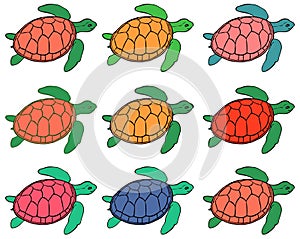 Turtles in different colors - find two identical turtles photo