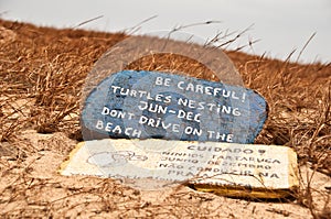 Turtles nesting warning sign on the beach