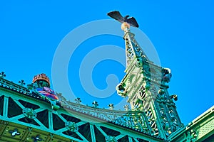 Turul bird atop the tower of Liberty Bridge, Budapest, Hungary