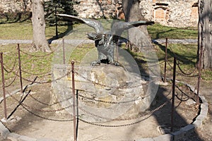 Turul, the bronze eagle statue in the courtyard of the Medieval Uzhhorod Castle, Ungvar, in Ukraine