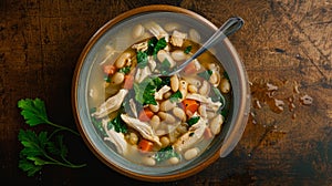 Tuscan Bean Soup with Chicken and Vegetables in Rustic Bowl