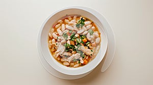 Tuscan Bean Soup with Chicken and Vegetables in Rustic Bowl