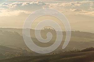 The Tuscan countryside, an Italian landscape on an early autumn morning. Italy