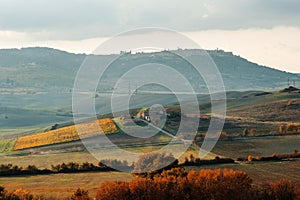 Tuscan countryside landscape panoramic view in an autumn day, Tuscany, Italy