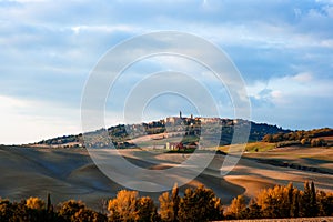 Tuscan countryside landscape with panoramic view of the city of Pienza in Val d`Orcia, Tuscany, Italy