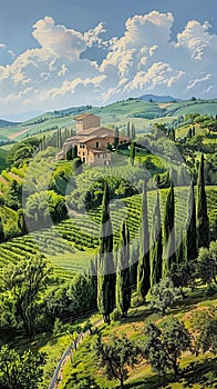 tuscan cypresses, picturesque hills, meandering pathway, and a charming villa illuminated by the typical sunlight in photo