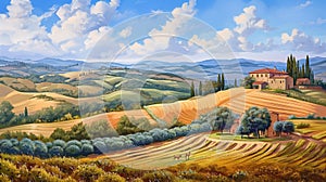 tuscan cypresses, picturesque hills, meandering pathway, and a charming villa illuminated by the typical sunlight in photo