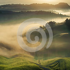 Tuscan fields wrapped in mist, Italy