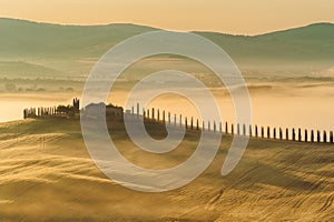 Tuscan fog on the rustic field in sunshine, Italy