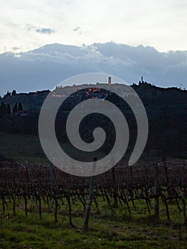 Tuscan landscape of Barberino Val D`Elsa with vineyard.